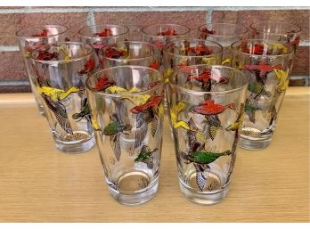 11 Pc. Vintage Glass Tumbler Set Feauturing Colorful Ducks In Flight