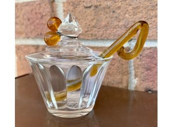 Lovely Glass Condiment Dish With Hand Blown Spoon