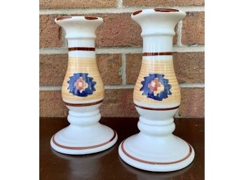Pair Of Ceramic Candle Holders With Southwestern Design