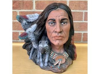 Ceramic Native American With 2 Wolves Painted Figurine