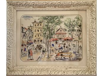 Beautiful Vintage Paris Scene On Silk In Ornate White/ Gold Accent Frame