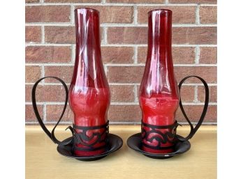 Vintage Metal-red Glass Candle Holders
