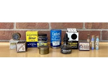 Vintage Items Including Ink In Box, Brass Fasteners, Aspirin Tin And More