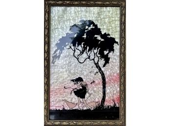 Vintage Reverse Painted Foil Backed Framed Pic Of Girl In Windy Weather With Geese