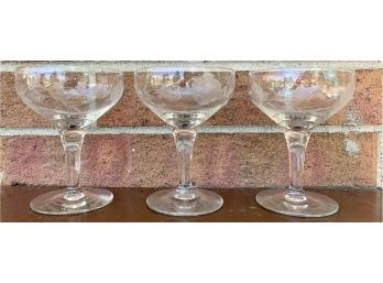 3 Crystal Coupe Etched Champagne Glasses