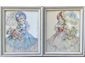 Pair Of Small Vintage Girl Pictures
