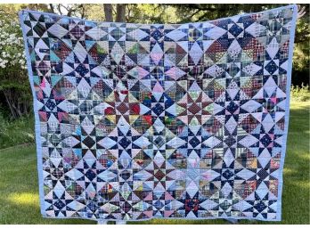Beautiful Handstitched Quilt W/Blue Background And Star Pattern