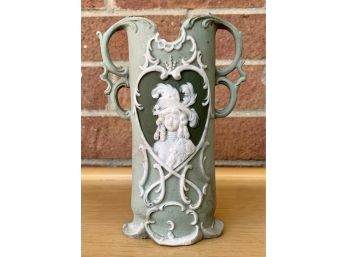 Vintage Green /white Accent Ornate Vase With Lady #8016