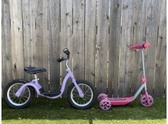 Kids Pink Razor Scooter And Kazam Strider Training Bike