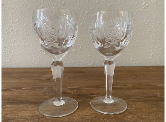 Pair Of Vintage Etched Glass Stemmed Cordial Glasses