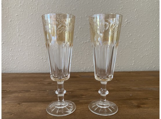 Pair Of Vintage Etched Glass With Yellow Gold Rim Stemmed Glassware