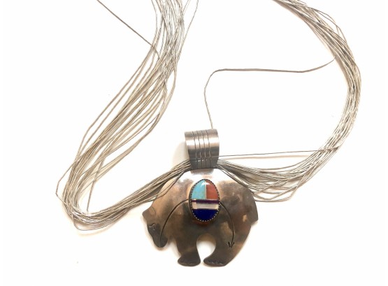 Gorgeous & Large Zuni Bear Sterling Pendant Necklace With Stone Inlay On Liquid Sterling Silver Chain