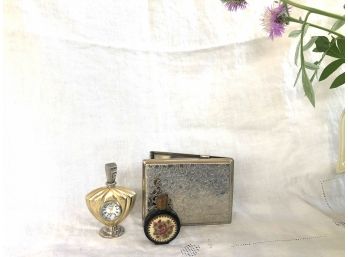 Sweet Grouping Of Antique Miniature Perfume Bottle, Cigarette Case And Xanadu Quartz Art Deco Style Mini Clock