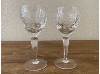 Pair Of Vintage Etched Glass Stemmed Cordial Glasses