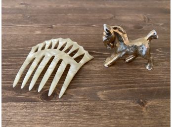 Gorgeous Vintage Hair Comb And Tiny Made In Japan Horse Figurine