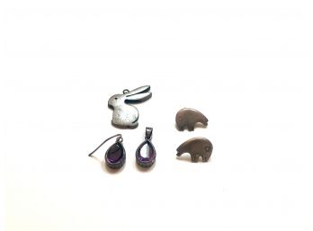 Grouping Of Small Sterling Earrings, Amethyst Pendant And Bunny Pendant