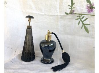 Two Dramatic Dark Glass Vintage Perfume Bottles