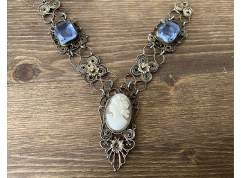 Antique Filigree Cameo Necklace With Cut Glass Stones