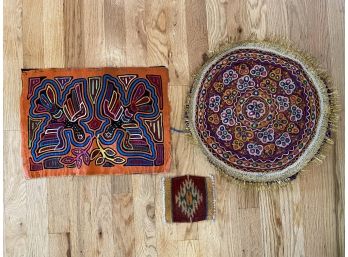 Small Textiles Including Panamanian Mola And Wool Woven Coaster