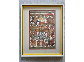 Framed Indian Folk Painting Featuring Tiger, Horses, And Hunting Party