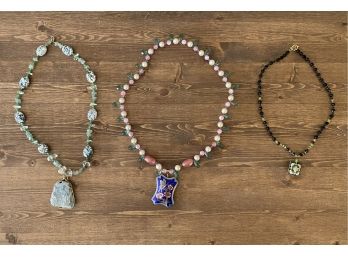 Cute Grouping Of Necklaces With Cloisonne & Stone Pendants