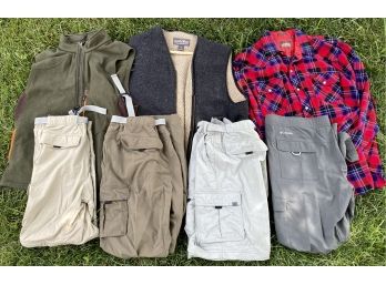 Lot Of Men's Outdoor Clothes Inlc. Eastern Mountain Sports Cargo Pants, Woolrich Vest, And Greatland Shirt