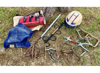 Well Loved Lot Of Horse Items Incl. Riding Helmet, Saddle Bag, Bits, Fly Mask, And More