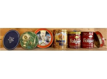 Six Vintage Tin Cans Including Uncle Ben's Converted Rice 40th Anniversary Can