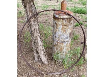 Large Vintage Canister From Westland Oil Co. And Metal Wheel,  Great Farmhouse Style Decor