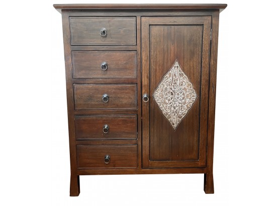 Pier 1 Bali Wood Cabinet Dresser With 5 Drawers & Carved Door