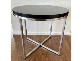 Round Ethan Allen Brushed Silver Metal/dark Espresso Wood Top Side Table