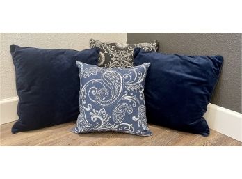 4 Pc. Decorative Pillow Lot- Blue Paisley And Velvet