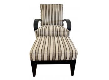 Striped Ethan Allen Accent Chair With Black Wood Frame And Matching Ottoman