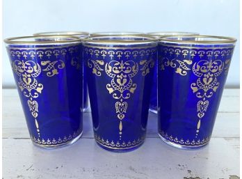 Great Grouping Of 6 Blue And Gold Moroccan Style Drinking Glasses