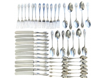 Antique Sterling Silver Service For 12 Of Dinner Knives, Forks, Spoons, And Teaspoons (with 'S' Monogram)