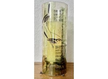 Glass Hurricane With Botanical Theme And Candle On Metal Holder