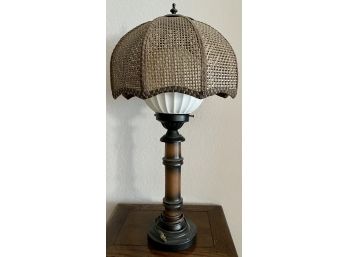 Vintage Wood Lamp With Glass Globe & Rattan Shade