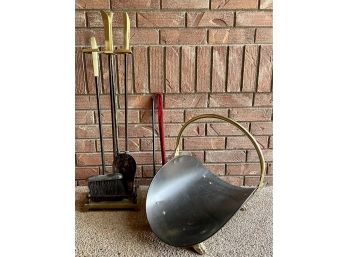 6 Pc. Fireplace Set With Brass Handles Including Long Lighter