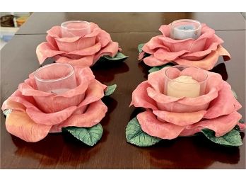 4 Pink Ceramic Rose Votive Holders