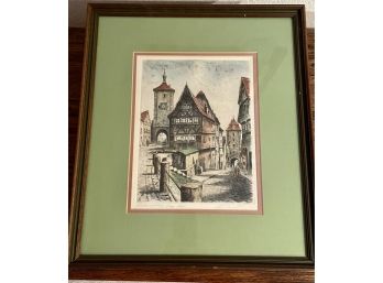 Vintage Etching - Hand Colored Of Old European Street Scene- Signed