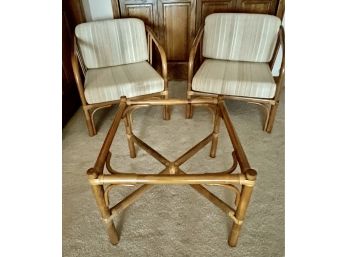 Vintage Pair Of Rattan & Wood Pier 1 Cushioned Lounge Chairs