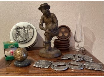 12 Pc. Golf Themed Lot With Angry Golfer Plaster Figurine And More
