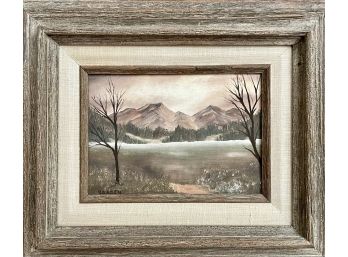 Oil Painting Of Mountains And Lake In Wood Frame