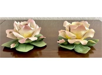 2 Capodimonte Porcelain Roses Candleholders