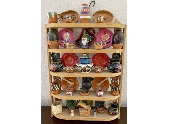 Mini Wood Rack Filled With Traditional Mexican Pottery