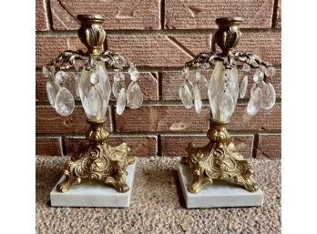 Pair Of Vintage Ornate Brass/ Marble Crystal