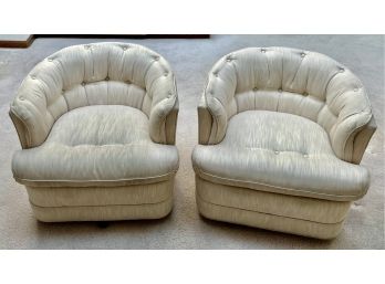 Pair Of Lovely Petite Swivel Club Chairs With Tufted Backs