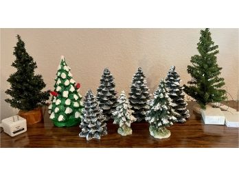 9Pc Ceramic,Resin & More Christmas Trees For Christmas Village With 2 Light Up Ones