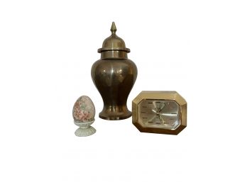 3 Pc. Lot With Brass 9' Jar, Hand Painted Porcelain Egg & Linden Brass Clock