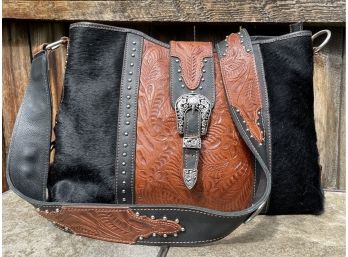 American West Crossbody With Brown Tooled Leather, Black Cowhide & Metal Decorative Accents